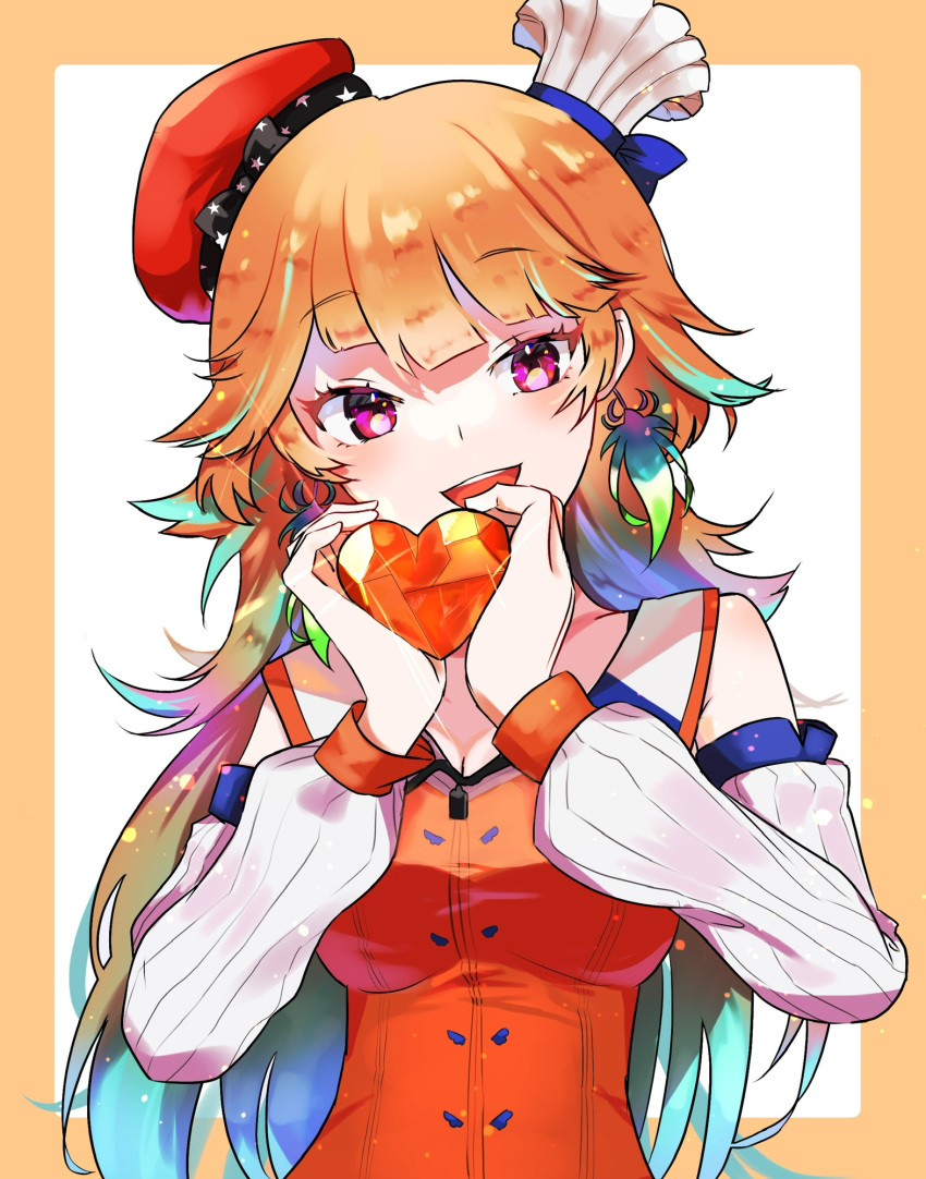 1girl :d bare_shoulders beret blue_hair brown_background chef_hat commentary deetamu earrings gradient_hair hands_up hat head_tilt heart highres holding hololive hololive_english jewelry long_hair long_sleeves multicolored_hair orange_hair orange_shirt pekerika puffy_long_sleeves puffy_sleeves red_headwear shirt sleeveless sleeveless_shirt smile solo takanashi_kiara teeth tilted_headwear two-tone_background upper_teeth very_long_hair violet_eyes virtual_youtuber white_background white_headwear white_sleeves