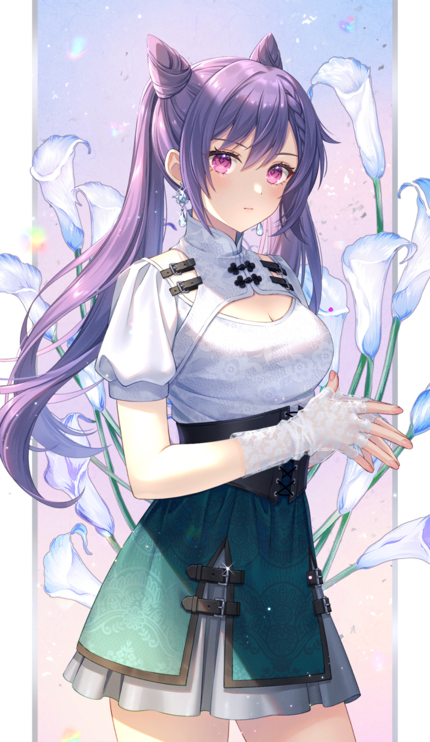 1girl akatsuki_(4941086) alternate_costume bangs breasts cleavage_cutout clothing_cutout earrings fingerless_gloves floral_print genshin_impact gloves green_skirt hair_cones hair_ornament highres jewelry keqing_(genshin_impact) long_hair looking_at_viewer own_hands_together purple_hair shirt skirt solo twintails violet_eyes white_shirt