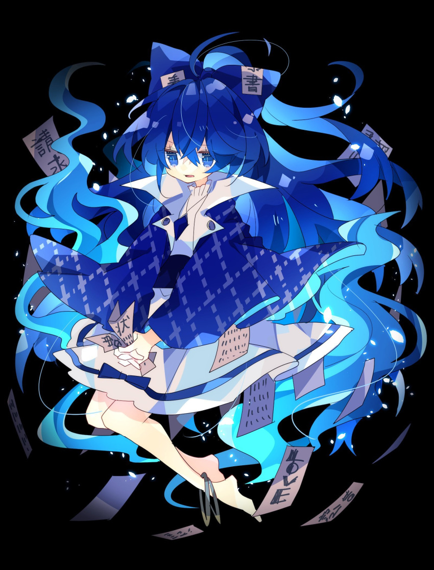 1girl barefoot blue_bow blue_capelet blue_eyes blue_hair bow capelet commentary cosplay hair_bow highres jewelry long_hair looking_at_viewer necklace nikorashi-ka open_mouth ring shirt skirt solo talisman touhou very_long_hair white_shirt white_skirt yorigami_jo'on yorigami_jo'on_(cosplay) yorigami_shion