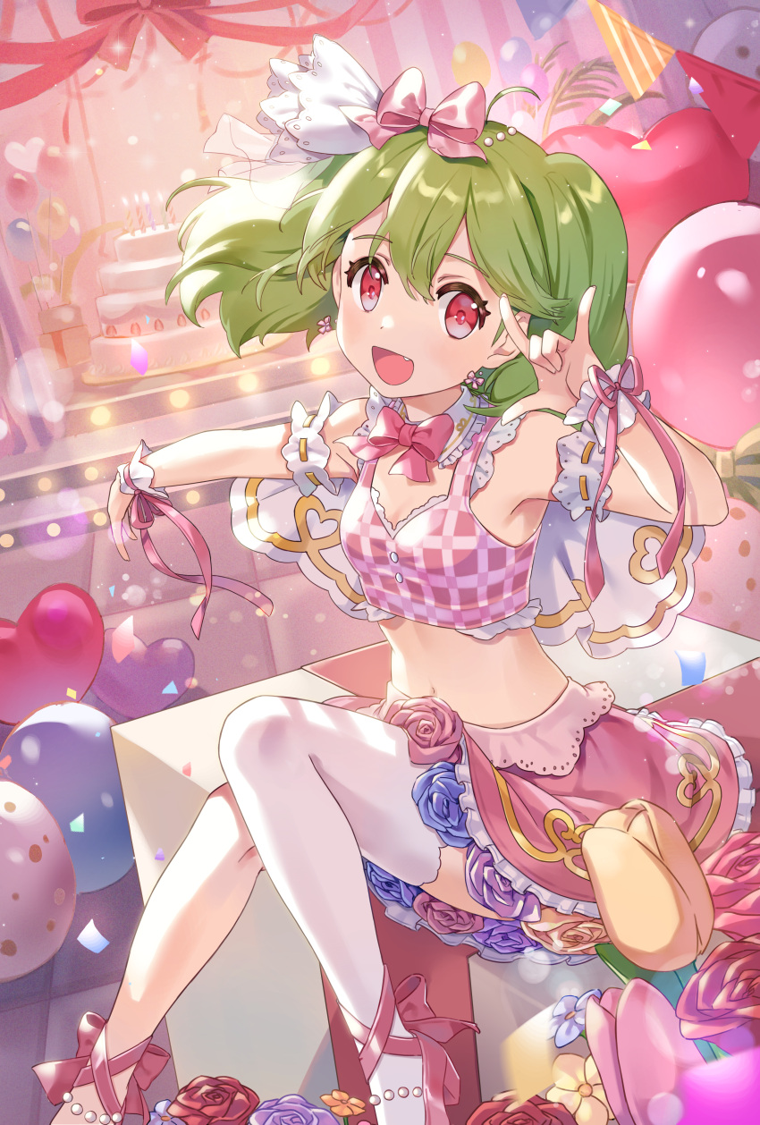 1girl \m/ absurdres balloon bangs bow cake camisole candle crop_top fire flower food green_hair hair_bow heart_balloon highres looking_at_viewer macross macross_frontier midriff mintpompom navel pink_bow pink_camisole pink_eyes pink_flower pink_ribbon pink_skirt pink_tulip ranka_lee red_flower red_rose ribbon rose short_hair sitting skirt solo wrist_cuffs yellow_flower yellow_tulip