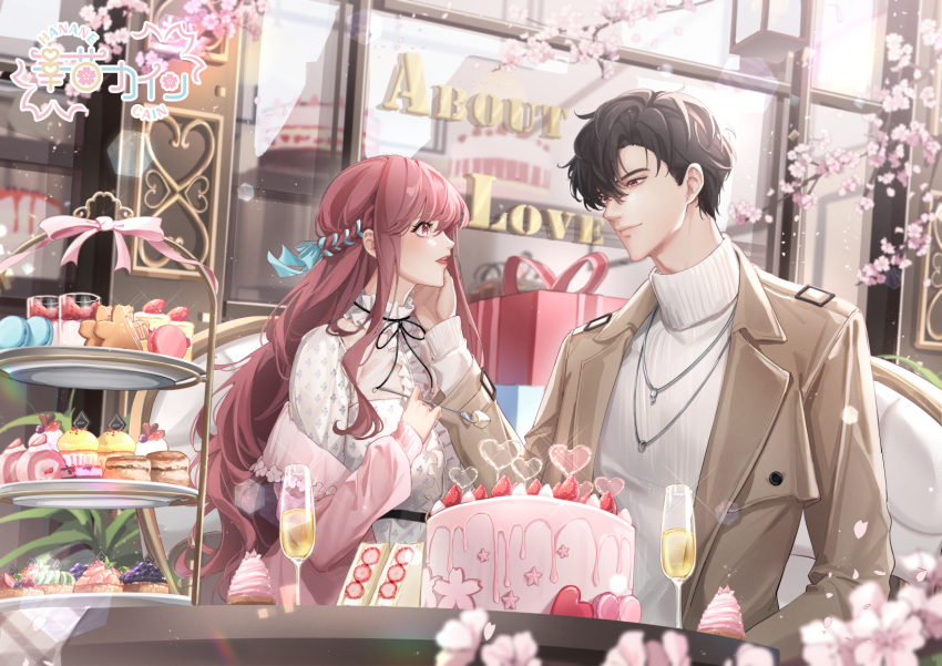1boy 1girl alcohol alternate_breast_size aqua_ribbon artist_logo artist_name bangs belt black_belt black_hair black_ribbon blue_ribbon blurry blurry_background blurry_foreground blush box braid breasts brown_coat brown_hair cain_art811 cake cake_slice cardigan center_frills chair champagne champagne_flute cherry_blossoms closed_mouth coat collar collared_dress commentary couple cup cupcake depth_of_field dessert dress drinking_glass flower food fork frilled_collar frills fruit gift gift_box hair_between_eyes hair_ribbon half_updo hand_on_another's_chin hand_on_another's_face hand_up heart high_belt highres holding holding_food holding_fork jewelry koi_ni_tsuite_0.1-paasento long_hair long_sleeves looking_at_another macaron neck_ribbon necklace off_shoulder on_chair open_cardigan open_clothes open_coat parted_lips pendant pink_cardigan pink_flower pink_lips pink_ribbon print_dress red_eyes redhead ribbon shiren_(cain_art811) sidelocks sitting small_breasts sparkle strawberry sweater tiered_tray turtleneck turtleneck_sweater upper_body very_long_hair wavy_hair white_dress white_sweater window yunha_(cain_art811)