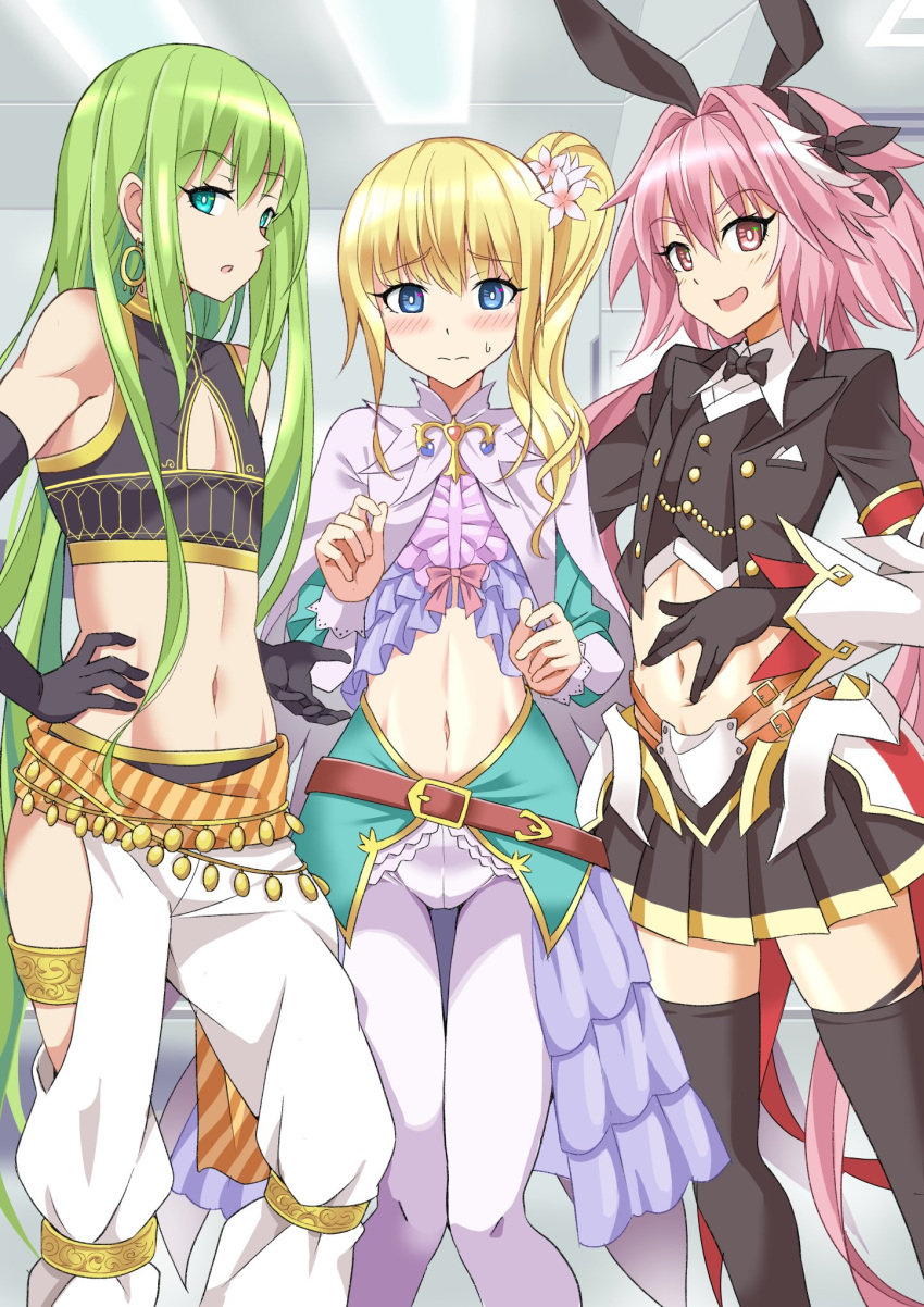 1other androgynous arabian_clothes armlet astolfo_(fate) astolfo_(saber)_(fate) astolfo_(saber)_(third_ascension)_(fate) black_bow black_bowtie black_gloves black_ribbon blonde_hair blue_eyes blue_tank_top bow bowtie bright_pupils chevalier_d'eon_(fate) clothing_cutout enkidu_(fate) enkidu_(talk_of_the_hot_sands)_(fate) fang fate/grand_order fate_(series) genderswap genderswap_(otm) gloves gold_trim green_eyes green_hair hair_bow hair_intakes highres indian_clothes juliet_sleeves light_green_hair long_sleeves looking_at_viewer low_twintails multicolored_hair navel_cutout otoko_no_ko pants pink_hair puffy_sleeves ribbon side_ponytail skin_fang streaked_hair tank_top twintails white_hair white_pants wing_collar xiafuizui