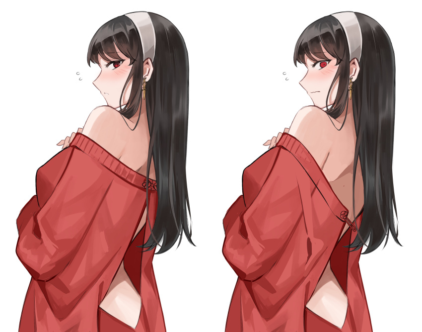 1girl absurdres aihara_(aiharaorenji) back_cutout backless_dress backless_outfit bare_shoulders black_hair blush breasts clothing_cutout dress earrings from_side hair_down hairband highres jewelry long_hair looking_at_viewer off_shoulder_dress red_dress red_eyes red_sweater simple_background solo spy_x_family surprised sweater white_background wide-eyed yor_briar