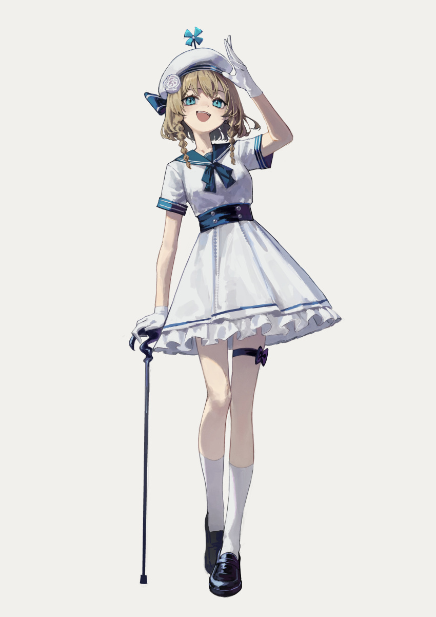 1girl :d absurdres bangs black_footwear blue_sailor_collar bow braid breasts buttons cane double-breasted flower gloves green_eyes grey_background hand_up hat hat_flower highres kneehighs medium_breasts medium_hair original sailor_collar shoes short_sleeves simple_background skirt smile solo standing teeth twin_braids upper_teeth white_flower white_gloves white_headwear white_legwear white_skirt yoon_cook