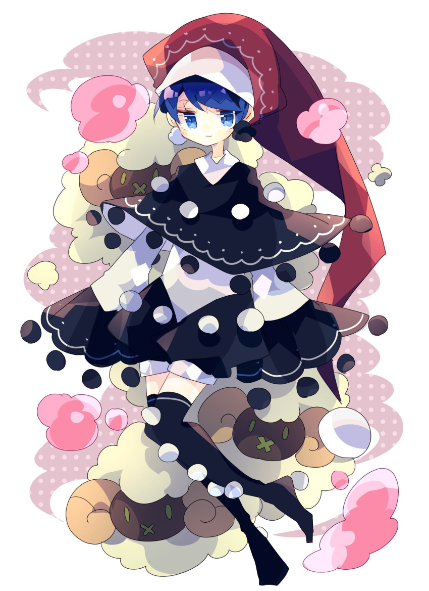 1girl :3 black_dress black_legwear blue_hair commentary doremy_sweet dream_soul dress hat highres long_sleeves looking_at_viewer multicolored_clothes multicolored_dress nightcap nikorashi-ka one-hour_drawing_challenge pom_pom_(cheerleading) red_headwear sheep short_hair sleeves_past_fingers sleeves_past_wrists solo touhou white_dress wide_sleeves