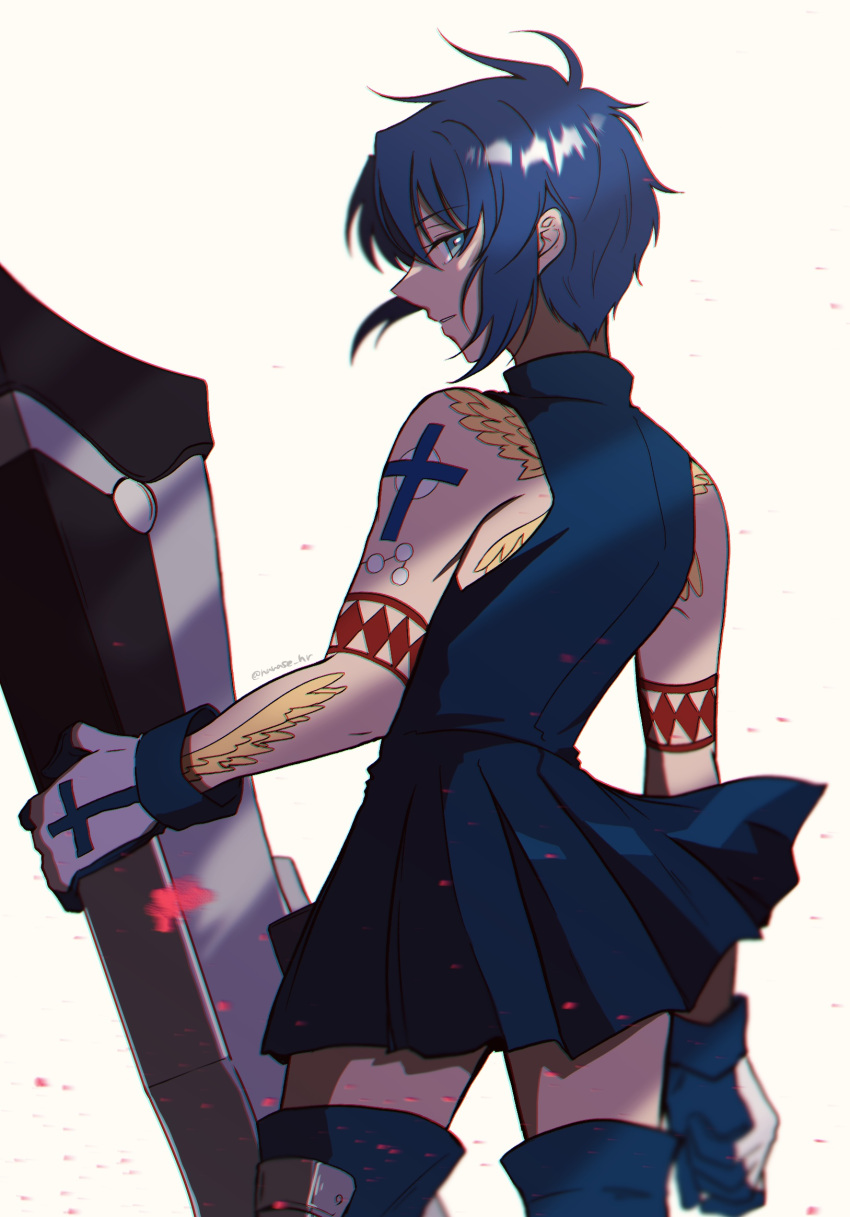 1girl arm_tattoo bangs blue_dress blue_eyes blue_footwear blue_gloves blue_hair boots ciel_(tsukihime) cowboy_shot dress eyebrows_visible_through_hair from_behind gloves hair_between_eyes highres looking_at_viewer looking_back nanase_hr parted_lips pleated_dress profile shiny shiny_hair short_dress short_hair simple_background sleeveless sleeveless_dress smile solo standing tattoo thigh-highs thigh_boots tsukihime two-tone_gloves white_background white_gloves zettai_ryouiki