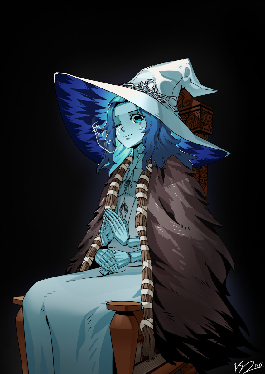 1girl absurdres blue_eyes blue_hair blue_skin cloak closed_mouth colored_skin cracked_skin doll_joints dress elden_ring extra_arms extra_faces fur_cloak hat highres iroi152 joints long_hair looking_at_viewer one_eye_closed ranni_the_witch simple_background smile solo white_dress white_headwear witch witch_hat