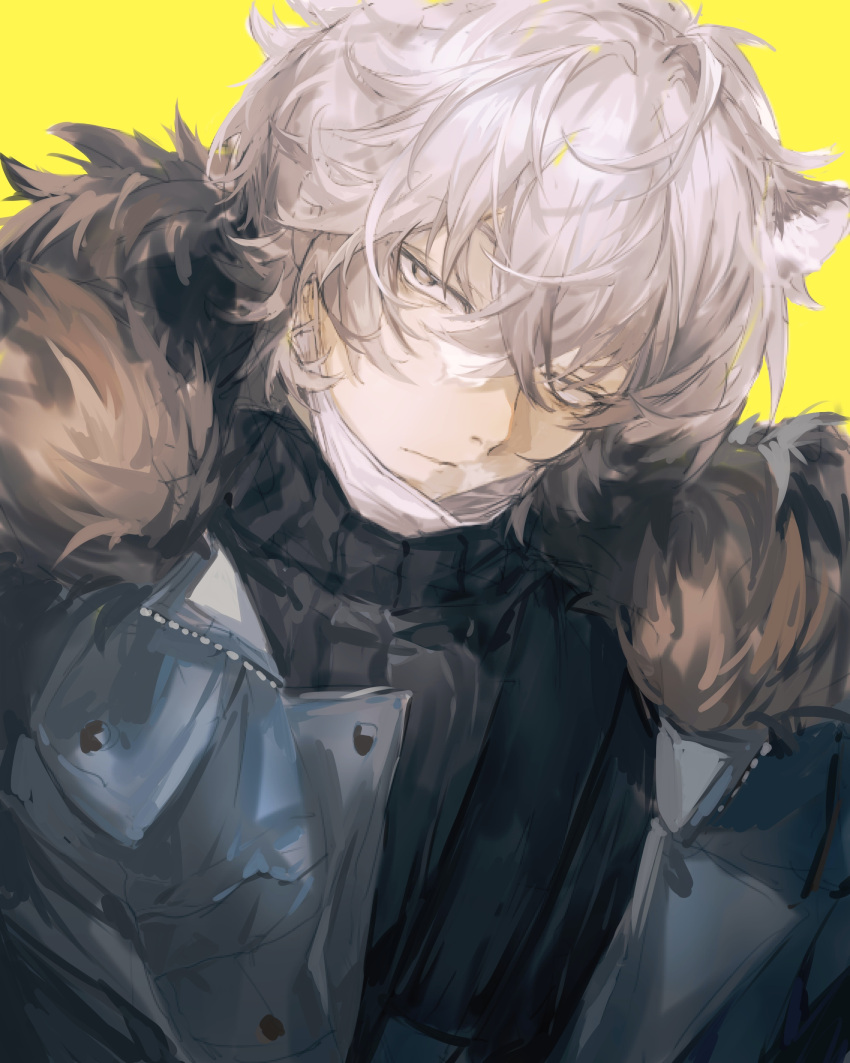 1346585687 1boy absurdres ahoge animal_ears arknights bags_under_eyes bear_boy bear_ears black_shirt fur_collar grey_eyes grey_hair highres jacket jaye_(arknights) looking_at_viewer male_focus mask mask_removed shirt short_hair sleepy solo sweater turtleneck turtleneck_sweater upper_body