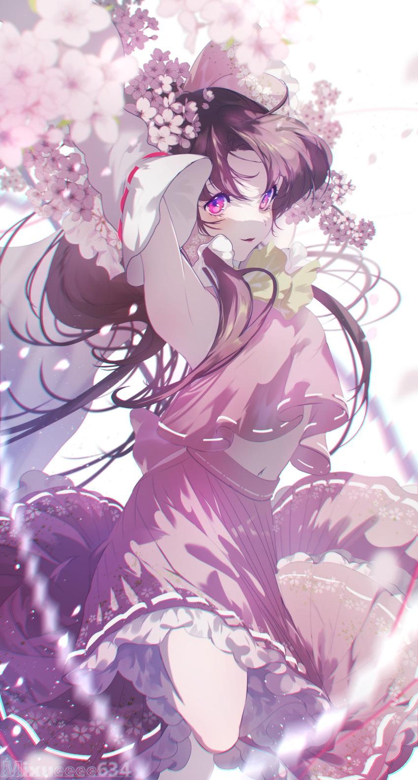 1girl absurdres alternate_eye_color armpits arms_up artist_name ascot bangs bow branch brown_hair cherry_blossom_print cherry_blossoms commentary_request detached_sleeves eyelashes floral_print frilled_hair_tubes frilled_skirt frills hair_bow hair_tubes hakurei_reimu highres long_hair long_sleeves looking_at_viewer midriff navel nontraditional_miko open_mouth red_bow red_skirt red_vest ribbon-trimmed_sleeves ribbon_trim sidelocks skirt solo sumi_(u-kar1n-89m0) touhou vest violet_eyes yellow_ascot