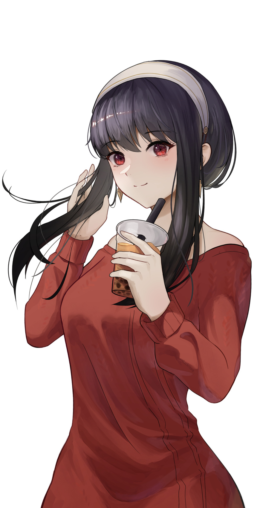 1girl absurdres bangs black_hair breasts bubble_tea closed_mouth cup disposable_cup drink drinking_straw duckntea earrings eyebrows_visible_through_hair gold_earrings hairband hand_up highres holding holding_cup holding_drink jewelry light_blush light_smile long_hair looking_at_viewer off-shoulder_sweater off_shoulder red_eyes red_sweater sidelocks simple_background smile solo spy_x_family sweater swept_bangs upper_body white_background white_hairband yor_briar