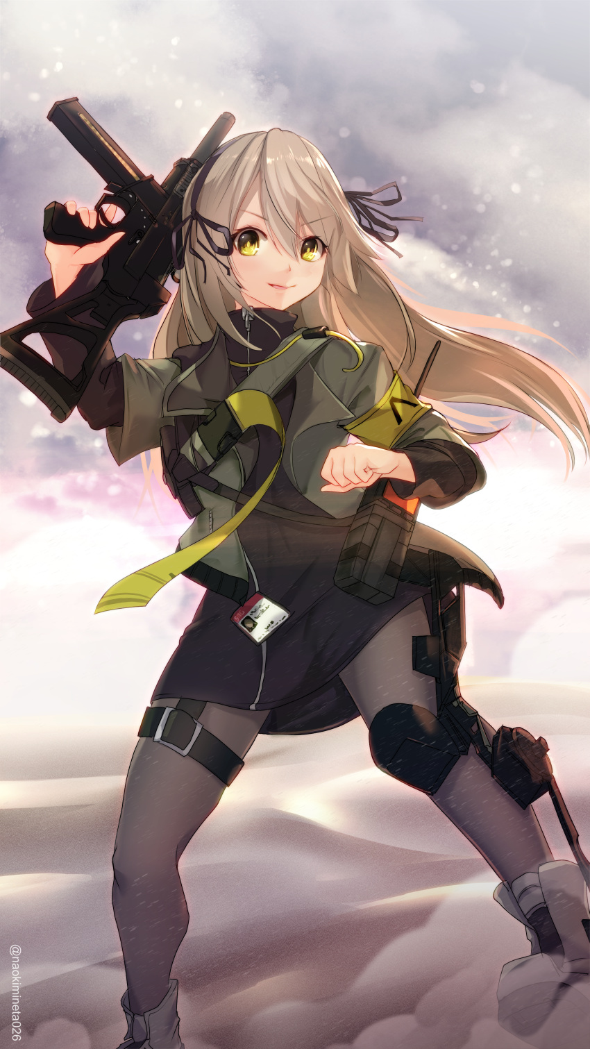 1girl absurdres armband black_shirt boots commentary english_commentary eyebrows_visible_through_hair girls_frontline green_eyes green_jacket grey_hair grey_legwear gun h&amp;k_ump hair_ribbon highres holding holding_gun holding_weapon id_card jacket mineta_naoki open_mouth pantyhose ribbon shirt solo strap submachine_gun ump40_(girls'_frontline) weapon