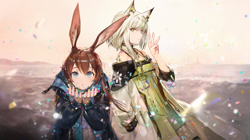 2girls :o absurdres amiya_(arknights) animal_ear_fluff animal_ears anniversary arknights bangs bare_shoulders black_coat blowing blue_eyes blush cat_ears closed_mouth clothes_writing coat company_name confetti copyright_name cowboy_shot cupping_hands day dress eyebrows_visible_through_hair green_dress green_eyes highres hood hood_down hooded_coat kal'tsit_(arknights) lens_flare long_sleeves looking_at_viewer multiple_girls official_art oripathy_lesion_(arknights) outdoors rabbit_ears short_hair silver_hair stethoscope sun upper_body white_coat yellow_sky yyb