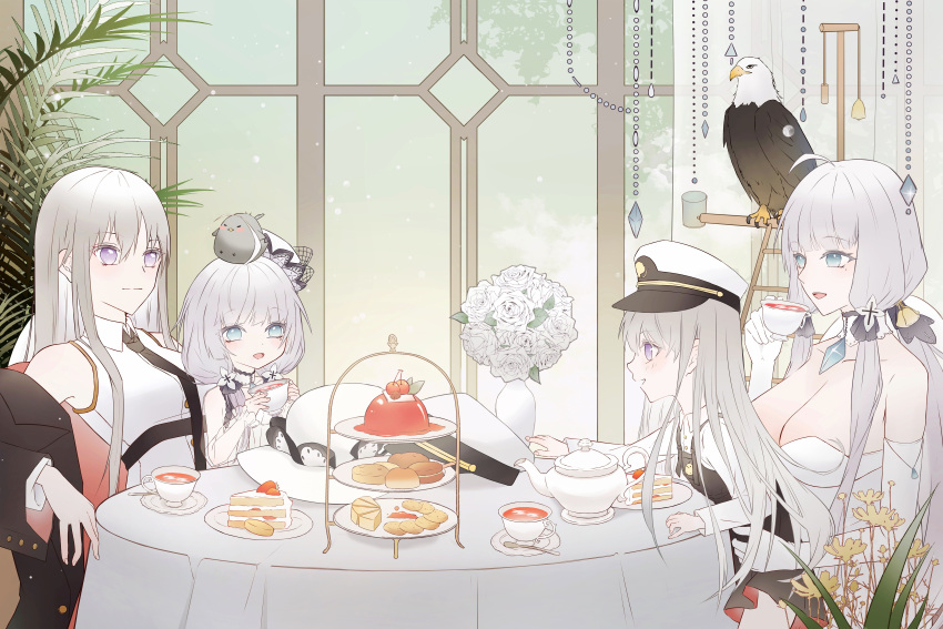 4girls :d absurdres animal_on_head azur_lane bird bird_on_head black_coat blue_eyes breasts cake cake_slice cherry coat coat_dress collared_shirt cup dress eagle elbow_gloves enterprise_(azur_lane) flower food fruit gelatin gloves grey_eyes hat highres holding holding_cup huge_breasts illustrious_(azur_lane) lace_trim large_breasts little_enterprise_(azur_lane) little_illustrious_(azur_lane) long_hair low_twintails military_hat multiple_girls necktie on_head overall_skirt peaked_cap plant rose see-through shirt sleeveless smile strapless strapless_dress strawberry_shortcake sun_hat tea teacup teapot tiered_tray tilted_headwear twintails upper_body vase very_long_hair white_dress white_flower white_gloves white_hair white_headwear white_rose white_shirt xiaoli_(1507) younger