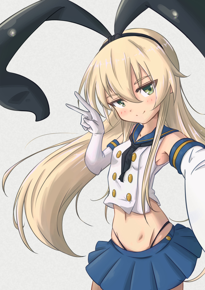 1girl absurdres black_hairband black_neckerchief black_panties blonde_hair blue_sailor_collar blue_skirt crop_top elbow_gloves gloves grey_background grey_eyes hairband highleg highleg_panties highres kantai_collection long_hair looking_at_viewer microskirt miniskirt moku_(sui_sui401) neckerchief panties pleated_skirt sailor_collar selfie shimakaze_(kancolle) simple_background skirt solo underwear v white_gloves