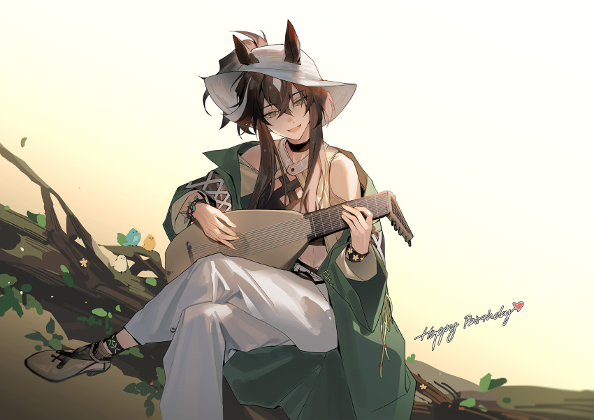 1girl :d alternate_eye_color animal_ears arknights bangs bare_shoulders black_choker black_hair choker coat commentary crop_top crossed_legs ears_through_headwear fedora foot_out_of_frame green_coat grey_eyes hair_between_eyes happy_birthday hat highres holding holding_instrument horse_ears hug_(yourhug) infection_monitor_(arknights) instrument long_sleeves lute_(instrument) meteor_(arknights) meteor_(bard's_holiday)_(arknights) music off_shoulder official_alternate_costume open_clothes open_coat pants playing_instrument shoes smile solo white_headwear white_pants