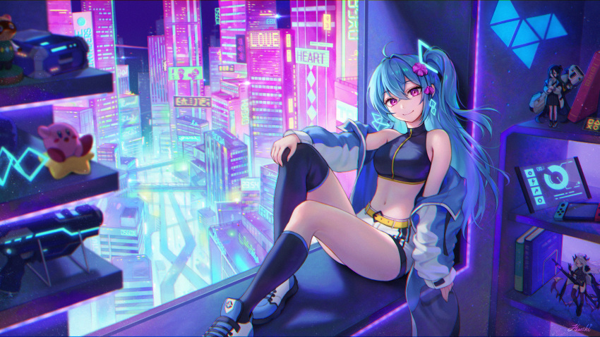 1girl ahoge arisu_(blue_archive) asymmetrical_legwear bangs bare_shoulders blue_archive blue_footwear blue_hair blue_jacket blue_legwear book breasts character_doll cityscape closed_mouth copyright_request crop_top crossed_bangs cyberpunk eyebrows_visible_through_hair hair_between_eyes hair_ornament hand_on_own_knee heartki highres hina_(blue_archive) jacket kirby kirby_(series) kneehighs knees_up long_hair looking_at_viewer mario medium_breasts midriff navel nintendo_switch off_shoulder one_side_up open_clothes open_jacket original shoes short_shorts shorts single_kneehigh single_thighhigh sitting smile solo super_mario_bros. thigh-highs uneven_legwear violet_eyes white_shorts yellow_belt