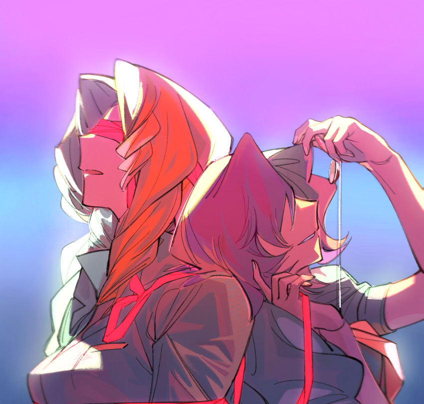 2girls arisugawa_juri aro_uta blindfold blue_background chinese_commentary collared_shirt commentary_request gradient gradient_background hair_over_eyes head_on_another's_shoulder holding holding_ribbon long_hair multiple_girls orange_hair parted_lips pink_background purple_background purple_hair red_ribbon ribbon shirt short_sleeves shoujo_kakumei_utena takatsuki_shiori upper_body