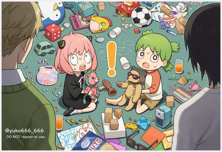 ! 2boys 2girls anya_(spy_x_family) artist_name bag_of_peanuts ball black_dress block blonde_hair border child child_drawing commentary_request crayon crossover dress glass green_sweater_vest holding holding_toy indoors kneeling koiwai_yotsuba long_sleeves looking_at_another manga_(object) messy_room mr._koiwai multiple_boys multiple_girls open_mouth pink_hair playing rectangular_mouth scissors shirt short_sleeves sitting soccer_ball spy_x_family stuffed_animal stuffed_toy surprised sweat sweater_vest teddy_bear toilet_paper_tube toy toy_car twilight_(spy_x_family) twitter_username white_border white_shirt yotsubato! yuko666