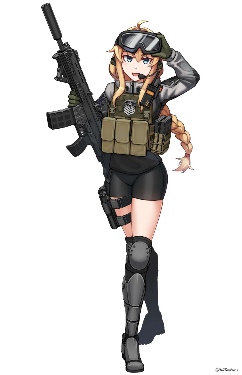 1girl :d absurdres ahoge arm_up armored_boots bangs bike_shorts black_shorts blonde_hair blue_eyes blush boots braid commentary_request copyright_request crossed_legs ear_protection eyebrows_visible_through_hair full_body gloves goggles goggles_on_head green_gloves grey_jacket gun hair_between_eyes hair_intakes headset highres holding holding_gun holding_weapon jacket knee_pads long_hair long_sleeves looking_at_viewer ndtwofives short_shorts shorts simple_background single_braid smile solo standing twitter_username very_long_hair weapon weapon_request white_background