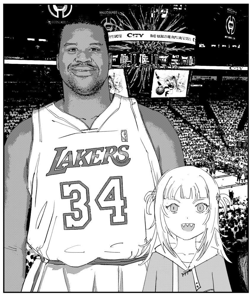 1boy 1girl absurdres bangs basketball_uniform dark-skinned_female dark_skin eyebrows_visible_through_hair gawr_gura greyscale highres hololive hololive_english looking_at_viewer los_angeles_lakers monochrome national_basketball_association open_mouth real_life shaquille_o'neal sharp_teeth smile sportswear teeth two_side_up virtual_youtuber xyanaid