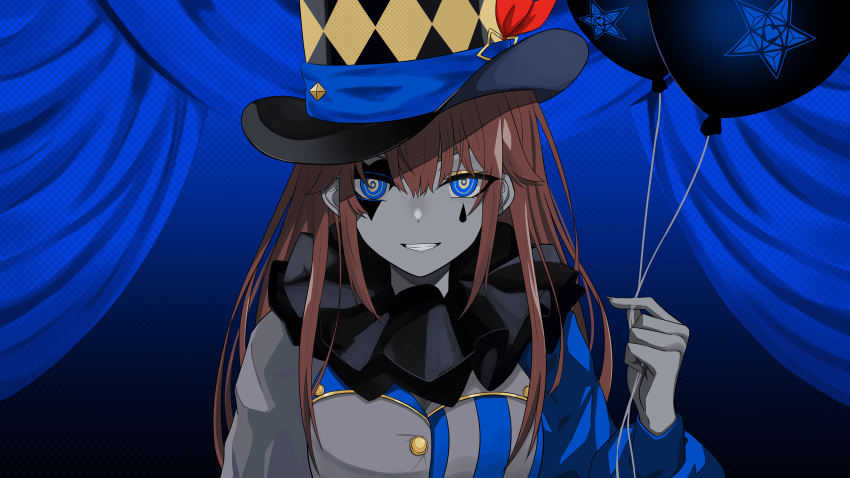 1girl absurdres asymmetrical_sleeves balloon bangs blue_curtain blue_eyes blue_theme brown_hair clown colored_skin commentary_request curtains envy_baby_(vocaloid) grey_skin hat hat_ornament highres holding holding_balloon hololive long_hair long_sleeves looking_at_viewer mismatched_sleeves neck_ruff official_art puffy_long_sleeves puffy_sleeves shirokumo_46 solo stage stage_curtains star_(symbol) star_hat_ornament teardrop_facial_mark teeth tokino_sora top_hat