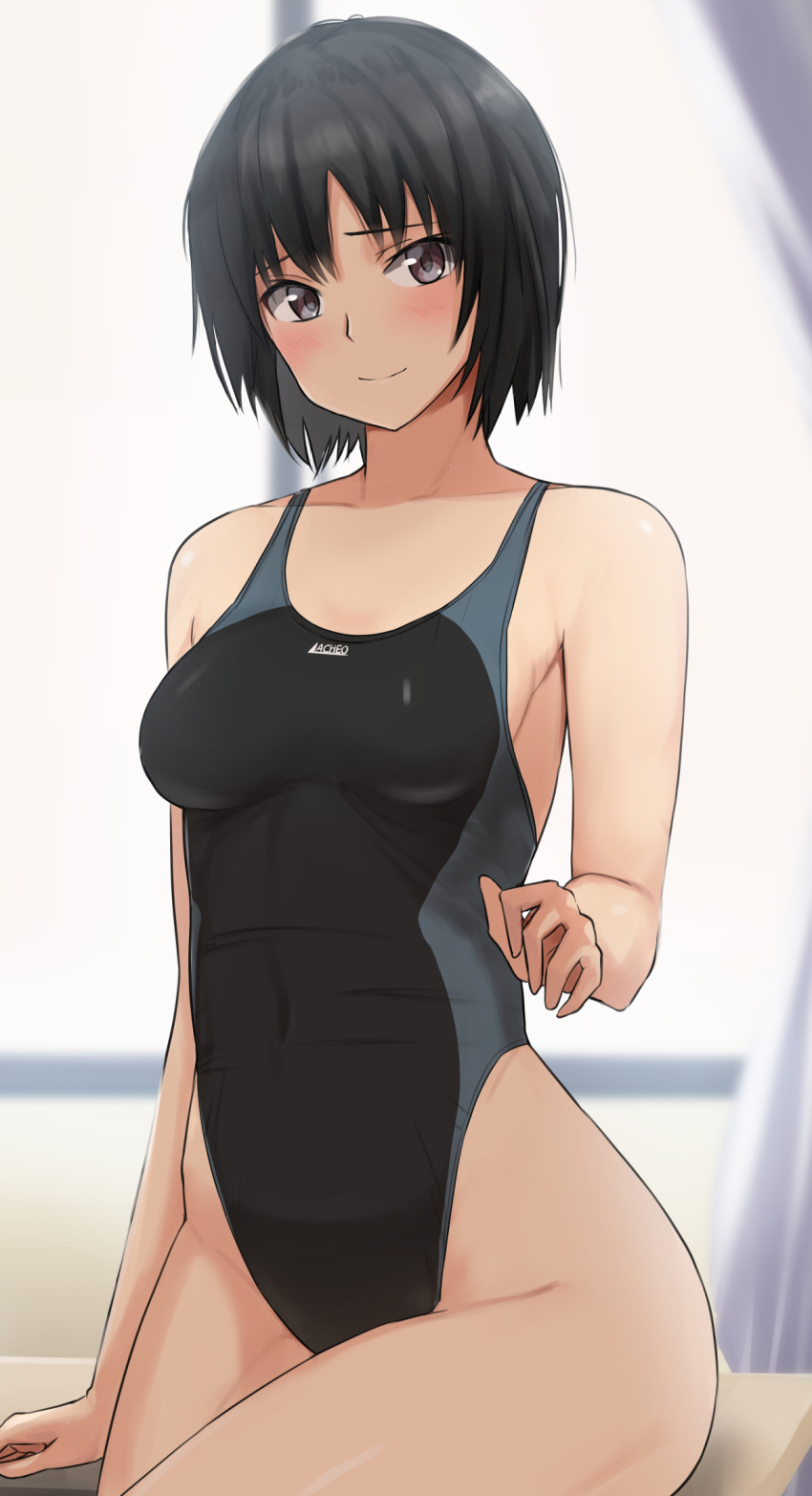 1girl amagami black_hair black_swimsuit blue_swimsuit blush breasts brown_eyes classroom closed_mouth commentary competition_swimsuit curtains desk highleg highleg_swimsuit highres medium_breasts nanasaki_ai on_desk one-piece_swimsuit raised_eyebrows short_hair sitting smile solo swimsuit two-tone_swimsuit window ykh1028
