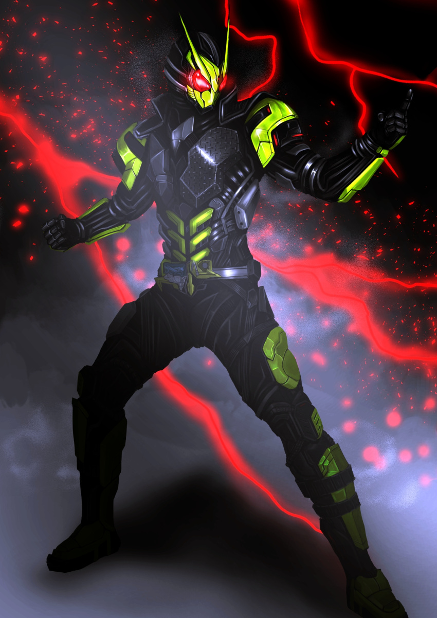 1boy adapted_costume alternate_costume armor black_armor black_footwear bodysuit boots bug clenched_hand commentary_request electricity fighting_stance forceriser grasshopper green_armor highres kamen_rider kamen_rider:_reiwa_the_first_generation kamen_rider_01_(series) kamen_rider_zero-one kamen_rider_zerozero_one lightning mask progrise_key rising_hopper tokusatsu trance_enhance