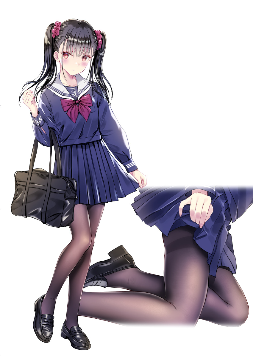 1girl bag bangs black_footwear black_hair blush bow brown_legwear closed_mouth clothes_lift commentary_request cropped_torso eyebrows_visible_through_hair full_body hair_ornament hair_scrunchie highres kneeling kobayashi_chisato lifted_by_self loafers long_hair long_sleeves looking_at_viewer multiple_views original pantyhose pleated_skirt purple_bow purple_shirt purple_skirt red_eyes revision sailor_collar school_bag school_uniform scrunchie serafuku shirt shoes simple_background skirt skirt_lift standing thighband_pantyhose twintails white_background white_sailor_collar