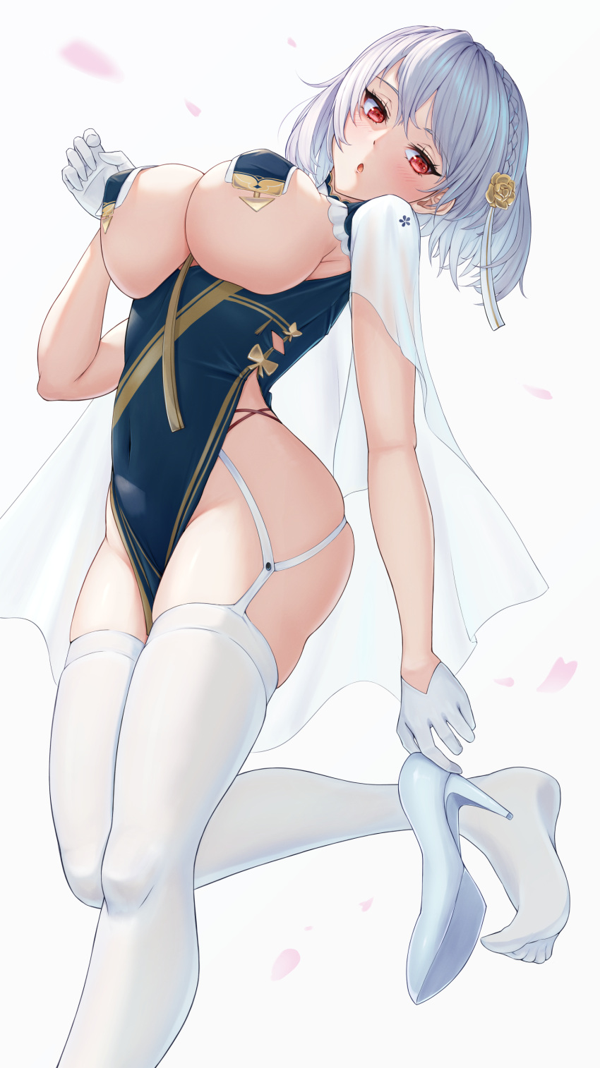 absurdres azur_lane braid breast_curtains breasts cape china_dress chinese_clothes commentary_request dress flower garter_straps gloves hair_flower hair_ornament high_heels highres large_breasts no_shoes red_eyes removing_shoes ropi_(yyuichi29) sirius_(azur_lane) sirius_(azure_horizons)_(azur_lane) soles thick_thighs thigh-highs thighs under_boob white_gloves white_hair