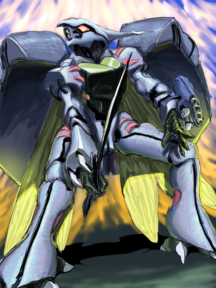 arm_cannon dunbine highres holding holding_sword holding_weapon insect_wings looking_up mecha no_humans orange_eyes orrdriver seisenshi_dunbine shadow solo standing sword weapon wings