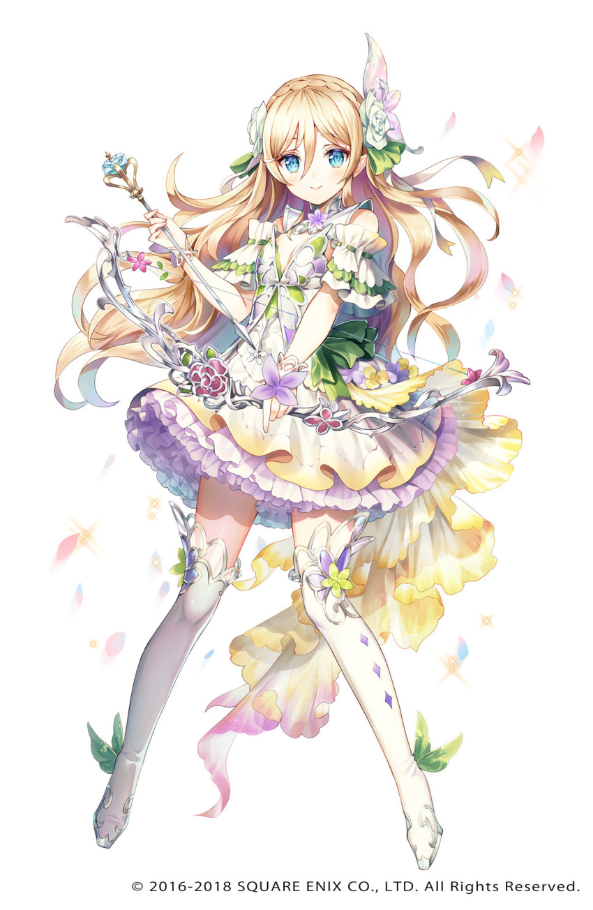 1girl blonde_hair blue_eyes bow_(weapon) cleavage_cutout clothing_cutout copyright dress erunoa_lynrace flat_chest flower frilled_skirt frills full_body grimms_notes hair_flower hair_ornament highres long_hair nemusuke official_art petals simple_background skirt smile solo weapon white_background