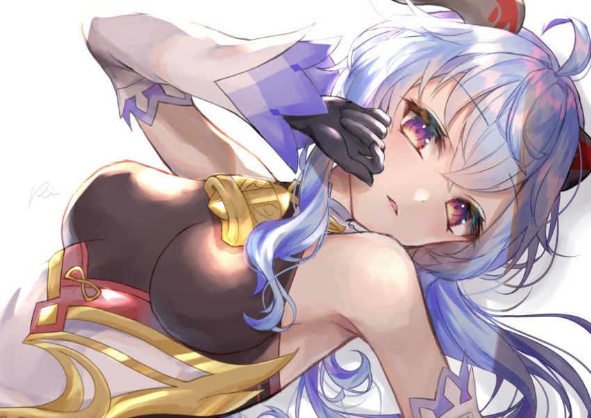 1girl ahoge bangs bare_shoulders bell black_gloves blue_hair blush breasts covering_face detached_sleeves eyebrows_visible_through_hair ganyu_(genshin_impact) genshin_impact gloves horns long_hair looking_at_viewer lying medium_breasts neck_bell on_back parted_lips rinmel9 sideboob sidelocks solo upper_body violet_eyes white_background white_sleeves