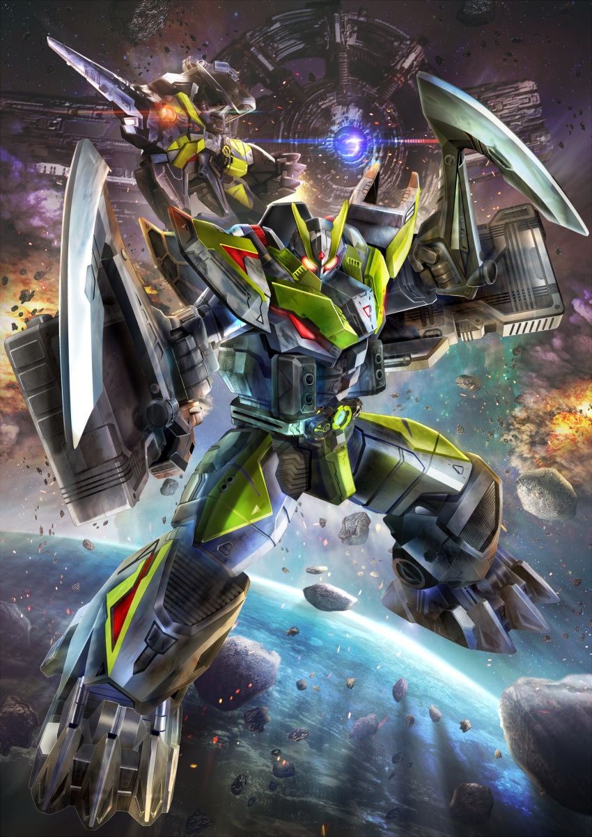 1boy adapted_costume antennae armor asteroid boomerang breaking_mammoth bug cowboy_shot driver_(kamen_rider) earth_(planet) gloves grasshopper green_armor green_mask highres holding holding_weapon kamen_rider kamen_rider_01_(series) kamen_rider_zero-one male_focus mammoth mask masukudo_(hamamoto_hikaru) mecha planet progrise_key red_eyes reiwa satellite science_fiction space sword thick_thighs thighs tokusatsu tusks weapon zea_(kamen_rider_01) zero_one_driver