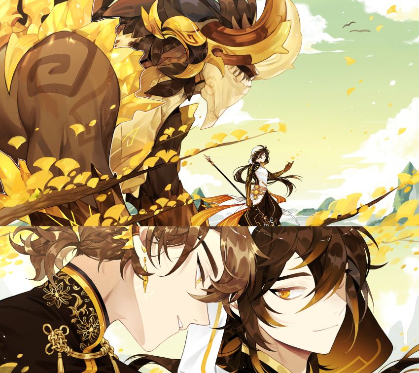 2boys azhdaha_(genshin_impact) bangs bird branch brown_hair chinese_clothes closed_mouth clouds dl_mask dragon earclip earrings genshin_impact gradient_hair highres holding holding_weapon hood hood_up horns jewelry leaf long_hair male_focus mountain multicolored_hair multiple_boys multiple_views orange_eyes orange_hair parted_lips personification polearm ponytail robe sky spear weapon yellow_eyes zhongli_(genshin_impact)