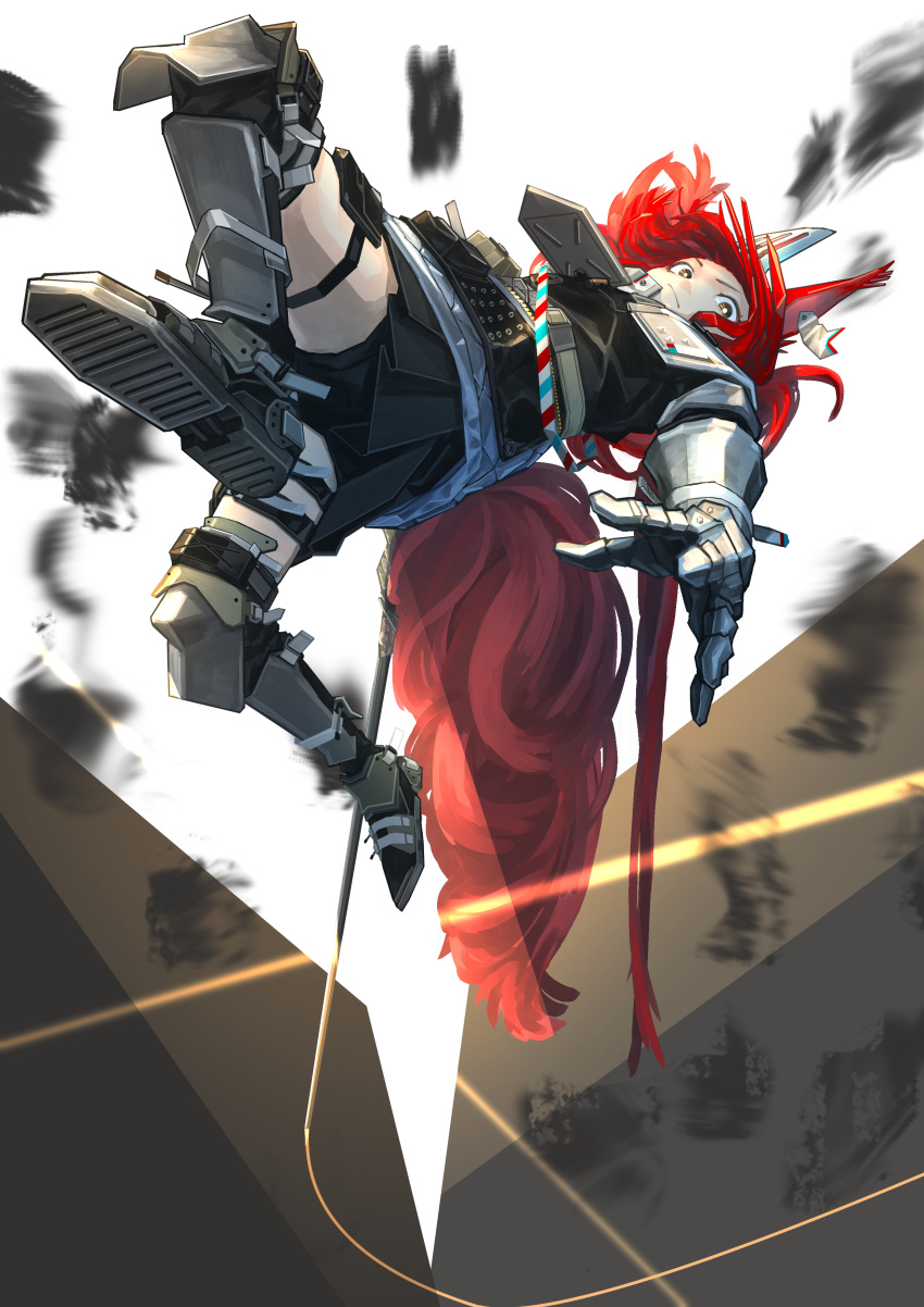 1girl absurdres animal_ears arknights armor flametail_(arknights) gauntlets greaves highres jumping long_hair metallightheart redhead shorts shorts_under_skirt skirt squirrel_ears squirrel_tail sword tail thigh_pouch weapon