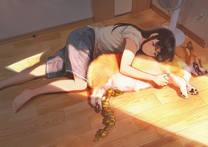 1girl animal_hug bangs barefoot black_hair blue_shorts character_request closed_mouth commentary_request copyright_request dog electric_fan eyewear_on_head feet_out_of_frame glasses grey_shirt hug long_hair morifumi shirt short_sleeves shorts smile t-shirt very_long_hair wooden_floor