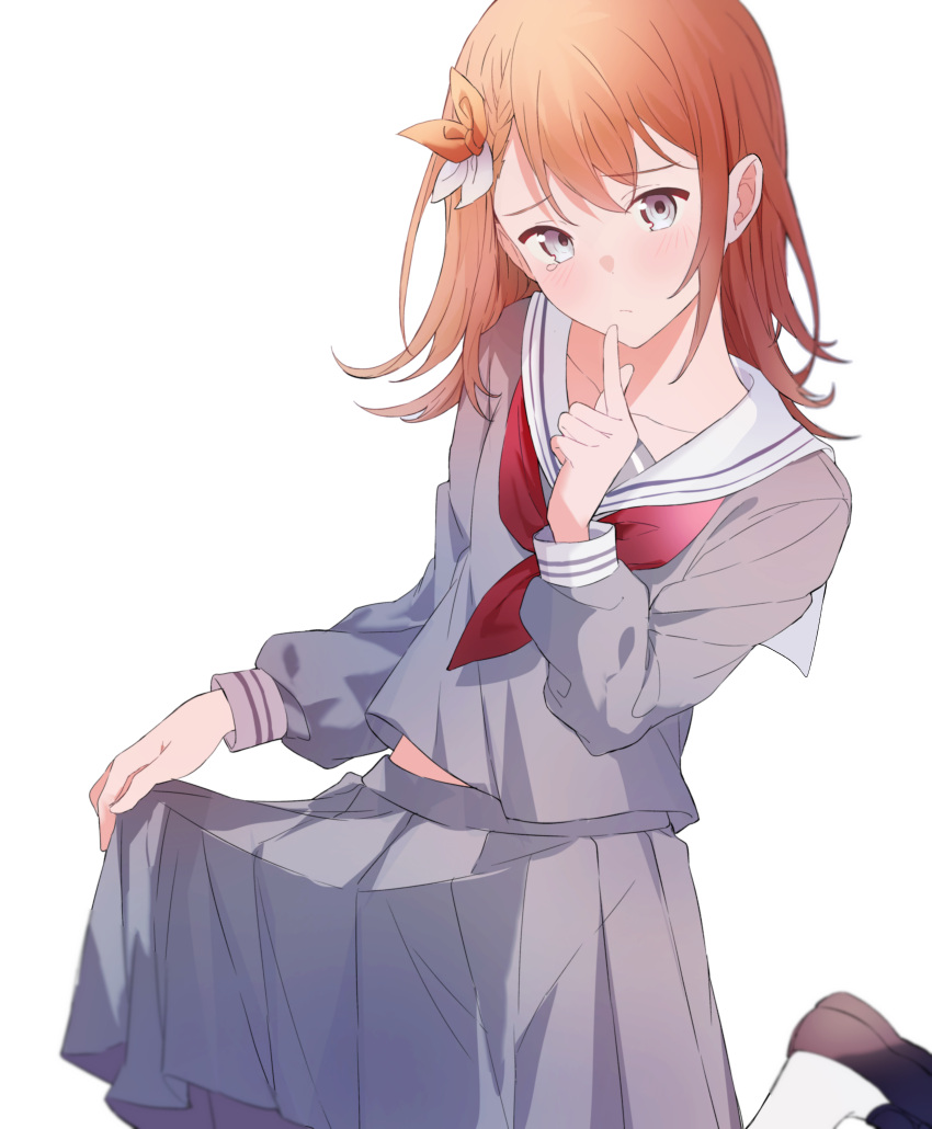 1girl :/ absurdres bangs black_footwear blouse bow braid brown_hair closed_mouth collarbone dot_nose double_horizontal_stripe eyebrows_visible_through_hair finger_to_own_chin flat_chest foot_up frown grey_eyes grey_shirt grey_skirt hair_behind_ear hair_bow hanasato_minori hand_up head_tilt highres index_finger_raised light_blush loafers long_sleeves looking_afar looking_at_viewer medium_hair midriff_peek neckerchief orange_bow pleated_skirt project_sekai puffy_long_sleeves puffy_sleeves red_neckerchief sad sailor_collar school_uniform shimono_kuro_yuki shirt shoes simple_background skirt skirt_hold socks solo swept_bangs tearing_up upper_body white_background white_bow white_legwear white_sailor_collar