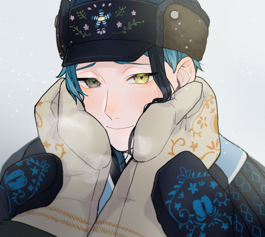 1boy 1other aqua_hair black_hair blue_hair day embroidered_gloves embroidered_hat embroidery face fune_(user_kujn8834) hands_on_another's_face hands_on_another's_wrists heterochromia highres jade_leech light_blush male_focus mittens multicolored_hair outdoors portrait pov pov_hands single_sidelock smile snowing streaked_hair twisted_wonderland winter winter_clothes yellow_eyes