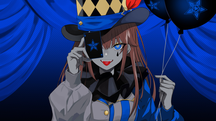 1girl absurdres asymmetrical_sleeves balloon bangs blue_curtain blue_eyes blue_theme brown_hair card clown colored_skin commentary_request curtains envy_baby_(vocaloid) grey_skin hat hat_ornament highres holding holding_balloon holding_card hololive long_hair long_sleeves looking_at_viewer mismatched_sleeves neck_ruff official_art puffy_long_sleeves puffy_sleeves shirokumo_46 solo stage stage_curtains star_(symbol) star_hat_ornament teardrop_facial_mark teeth tokino_sora tongue tongue_out top_hat