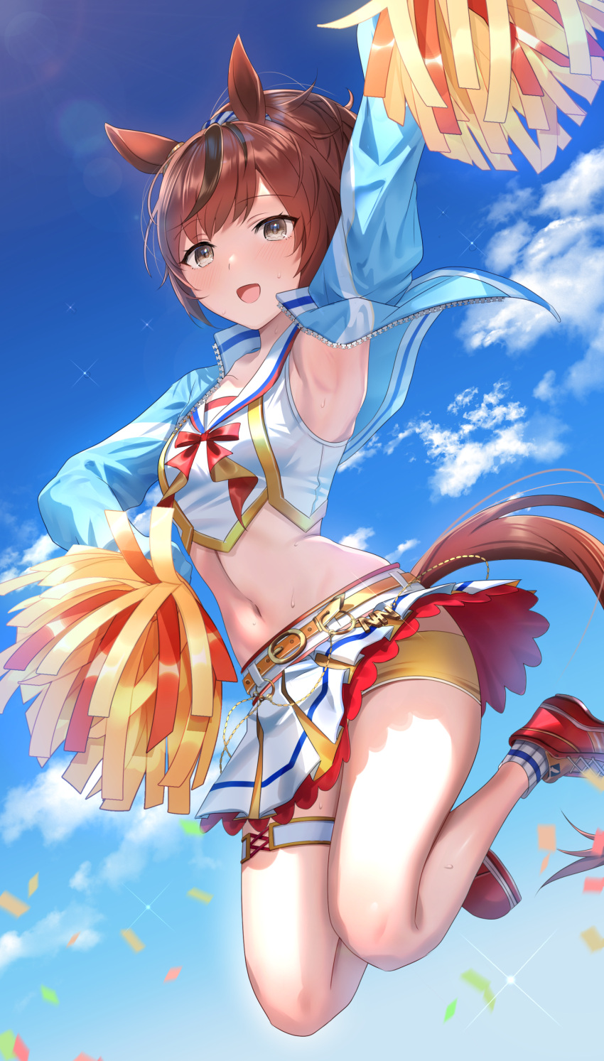 1girl absurdres akebono_kt animal_ears armpits bangs belt blue_jacket blush brown_hair clouds confetti crop_top diffraction_spikes grey_eyes high_tops highres holding holding_pom_poms horse_ears horse_girl horse_tail jacket jumping layered_skirt lens_flare long_sleeves looking_at_viewer midriff miniskirt navel nice_nature_(run&amp;win)_(umamusume) nice_nature_(umamusume) open_mouth outdoors pom_pom_(cheerleading) ponytail red_footwear roar_yell!_tracen_academy_cheerleading_squad_(umamusume) sailor_collar shirt shoes short_hair shorts skirt sleeveless sleeveless_shirt smile sneakers socks solo sweat tail thigh_strap umamusume white_shirt white_skirt yellow_shorts