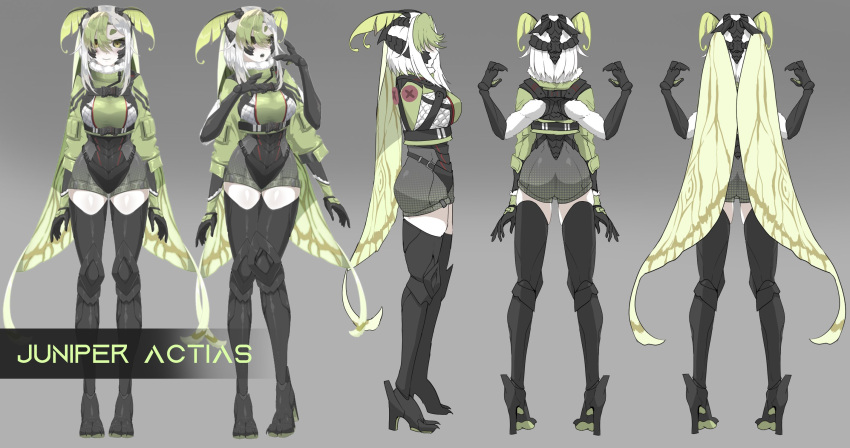 1girl armor arthropod_girl back black_sclera breasts character_name character_sheet chiton colored_sclera commentary english_commentary extra_arms eyebrows_visible_through_hair full_body green_eyes green_hair grey_background hair_between_eyes head_wings high_heels highres indie_virtual_youtuber juniper_(artist) juniper_actias looking_at_viewer monster_girl moth_girl multicolored_hair multiple_views open_mouth silver_hair simple_background smile standing teeth two-tone_hair virtual_youtuber wings