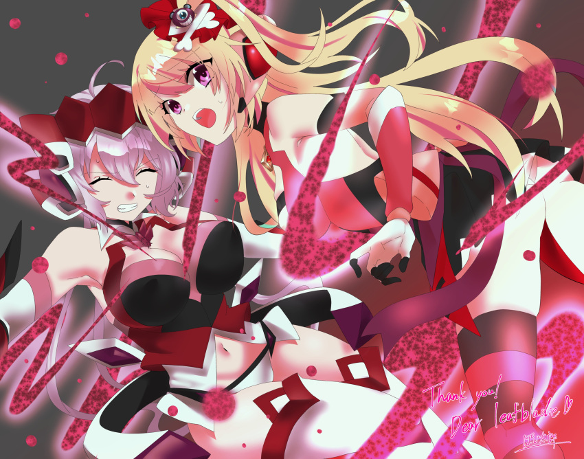 2girls ^_^ absurdres ashley_taylor ass black_skirt blonde_hair breasts clenched_teeth closed_eyes commission crossover eyebrows_visible_through_hair floating_hair grey_hair highres large_breasts low_twintails magia_record:_mahou_shoujo_madoka_magica_gaiden mahou_shoujo_madoka_magica medium_breasts multicolored_hair multiple_girls open_mouth panties pink_hair pojitaro senki_zesshou_symphogear side_ponytail skeb_commission skirt streaked_hair teeth twintails underwear white_panties yukine_chris