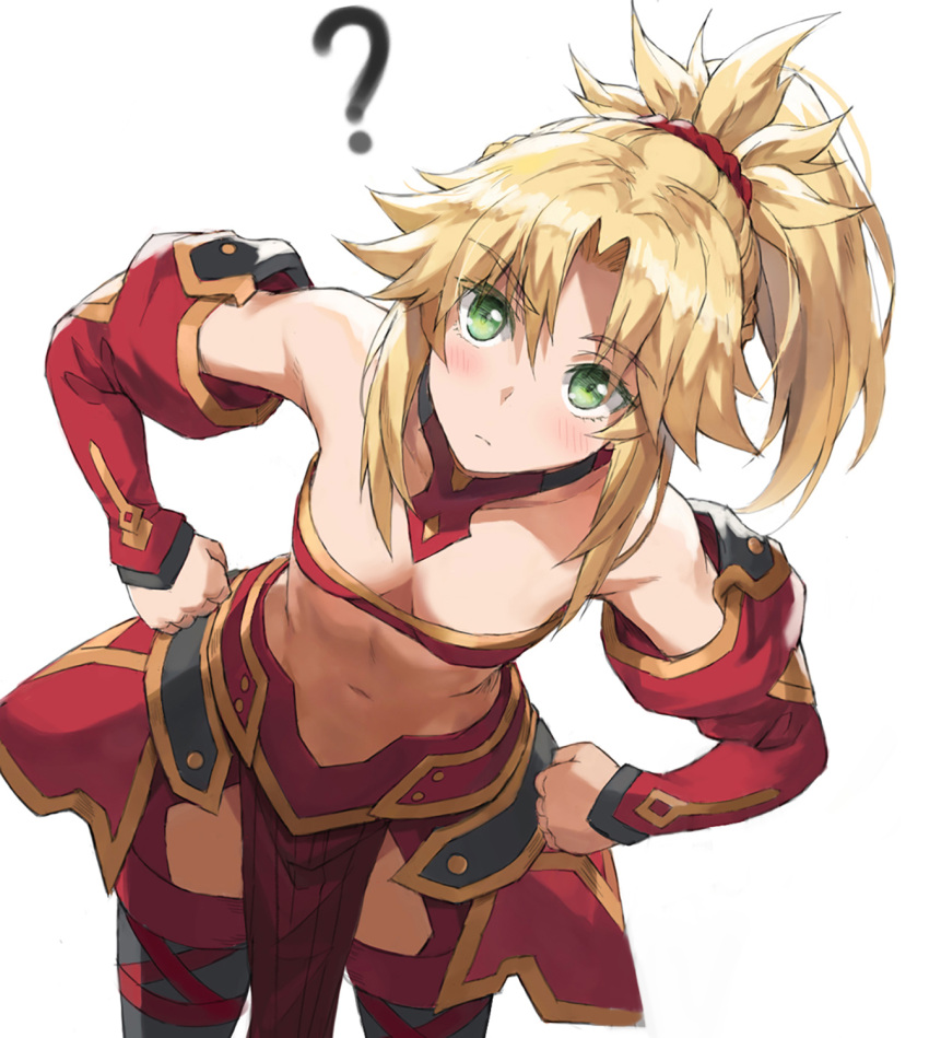 1girl ? armor bandeau bangs bare_shoulders black_legwear blonde_hair blush braid breasts collarbone detached_collar detached_sleeves fate/apocrypha fate_(series) faulds french_braid green_eyes hair_ornament hair_scrunchie highres leaning_forward leaning_to_the_side long_hair looking_at_viewer mordred_(fate) mordred_(fate/apocrypha) navel parted_bangs pelvic_curtain ponytail scrunchie sidelocks simple_background small_breasts solo thigh-highs thighs tonee unfinished
