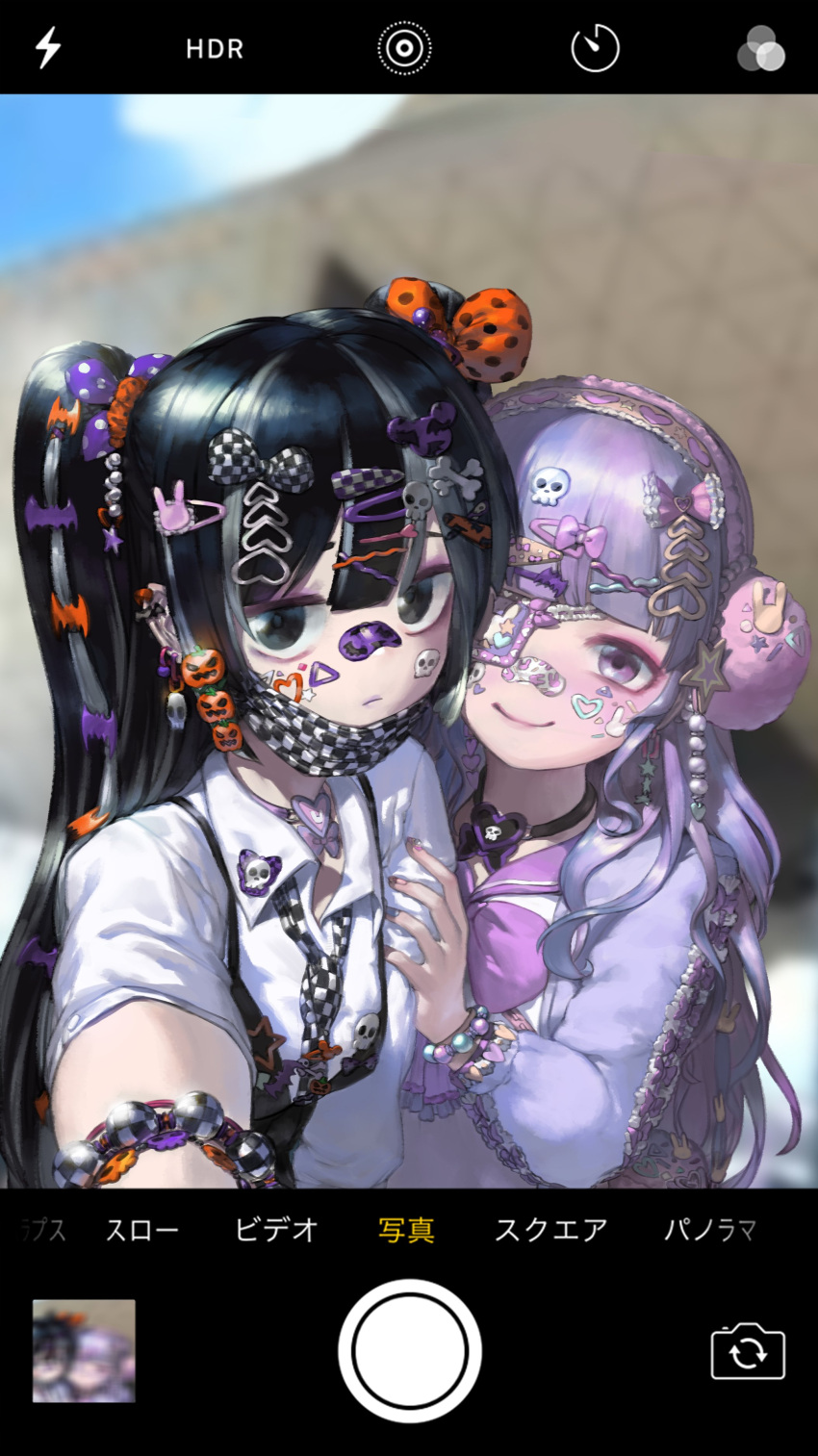 2girls absurdres bandaid bandaid_on_face bandaid_on_nose bangs bat_hair_ornament black_eyes black_hair blush bow bracelet checkered_necktie decora earmuffs earrings eyepatch hair_between_eyes hair_bow hair_ornament hairclip heart heart_hair_ornament highres jewelry long_hair long_sleeves looking_at_viewer mask mask_around_neck mask_pull mouth_mask multiple_girls nail_polish necktie original paper_phrog phone_screen purple_hair selfie shiny shiny_hair shirt short_sleeves skull_hair_ornament star_(symbol) star_hair_ornament sticker sticker_on_face two_side_up upper_body violet_eyes wavy_hair white_shirt