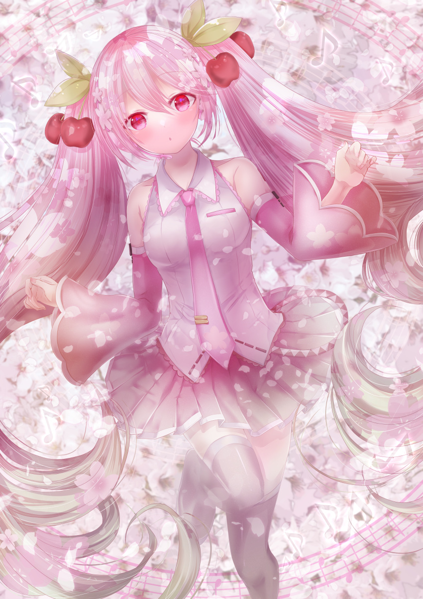 1girl absurdres bangs blush breasts cherry_blossoms cherry_hair_ornament detached_sleeves eyebrows_visible_through_hair floral_background flower food-themed_hair_ornament foot_out_of_frame frilled_shirt frills grey_legwear hair_between_eyes hair_flower hair_ornament hatsune_miku highres long_hair looking_at_viewer medium_breasts musical_note naruse_hizuki necktie open_mouth petals pink_eyes pink_flower pink_hair pink_necktie pink_skirt pleated_skirt sakura_miku shirt skirt sleeveless sleeveless_shirt solo staff_(music) thigh-highs tie_clip twintails very_long_hair vocaloid white_shirt wide_sleeves zettai_ryouiki