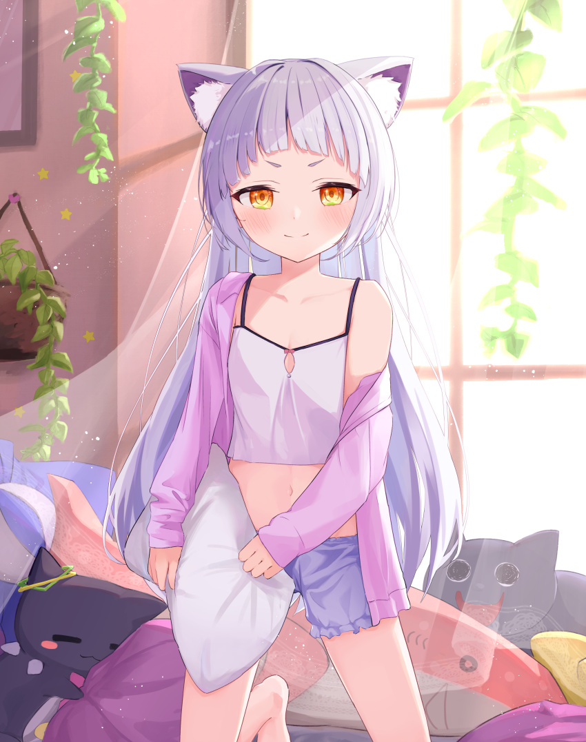 1girl absurdres animal_ear_fluff animal_ears bangs blush camisole cat_ears closed_mouth crop_top frilled_shorts frills grey_hair hanging_plant highres holding holding_pillow hololive jacket kneeling long_hair long_sleeves looking_at_viewer murasaki_shion neko_(minato_aqua) open_clothes open_jacket orange_eyes oudon_(udonnaiyo) pillow pink_jacket purple_shorts shiokko_(murasaki_shion) shirt short_eyebrows short_shorts shorts smile solo stuffed_animal stuffed_shark stuffed_toy v-shaped_eyebrows very_long_hair virtual_youtuber white_shirt