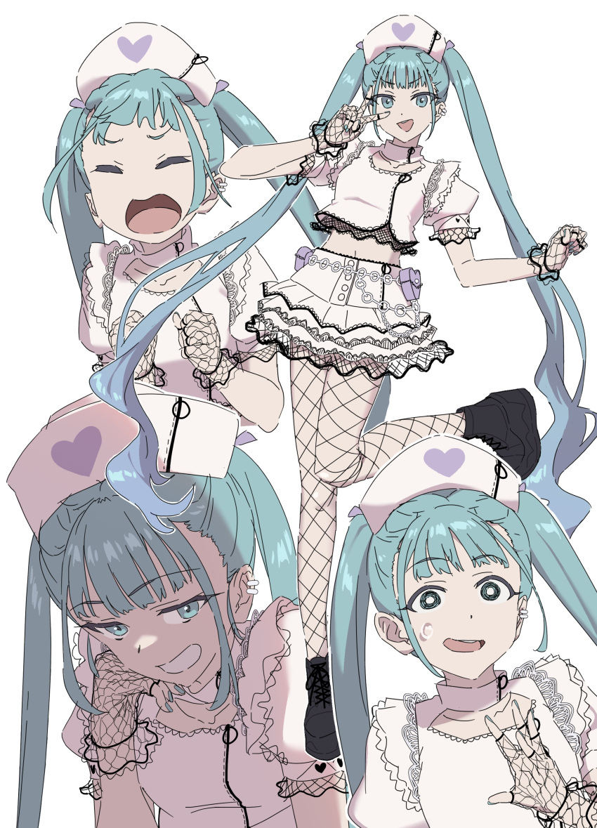 1girl @_@ absurdres aqua_eyes aqua_hair aqua_nails belt belt_pouch black_footwear bright_pupils chain_belt closed_eyes clothing_cutout collarbone earrings eyebrows_visible_through_hair fingerless_gloves fingernails fishnet_gloves fishnet_legwear fishnets gloves grey_background hat hatsune_miku head_rest heart highres jewelry leg_up long_hair midriff mosh_mallow multiple_views navel nurse_cap o-ring open_mouth pouch simple_background skirt smile sweat sweatdrop teeth twintails v v_over_eye vocaloid white_pupils white_skirt zipper zipper_pull_tab