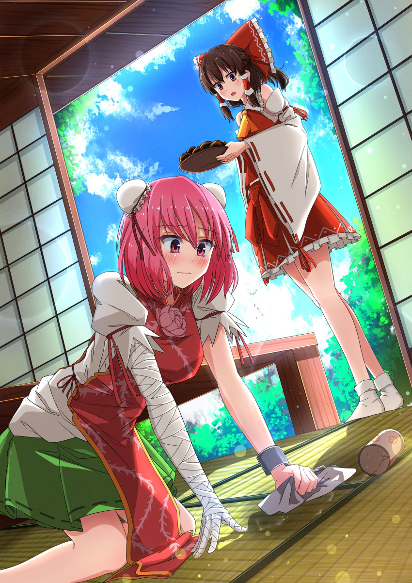 2girls absurdres all_fours ascot bangs blue_sky bow bun_cover cleaning closed_mouth clouds cuffs double_bun flower green_skirt hair_bow hair_tubes hakurei_reimu highres ibaraki_kasen indoors light_particles looking_at_another looking_at_viewer multiple_girls open_mouth pink_eyes pink_flower pink_hair pink_rose red_bow red_eyes red_shirt red_skirt ribbon-trimmed_sleeves ribbon_trim rose sazanami_mio_(style) shackles shimotsuki_aoi shirt short_hair shrine skirt sky socks spill standing tabard touhou white_legwear white_shirt wide_sleeves yellow_ascot