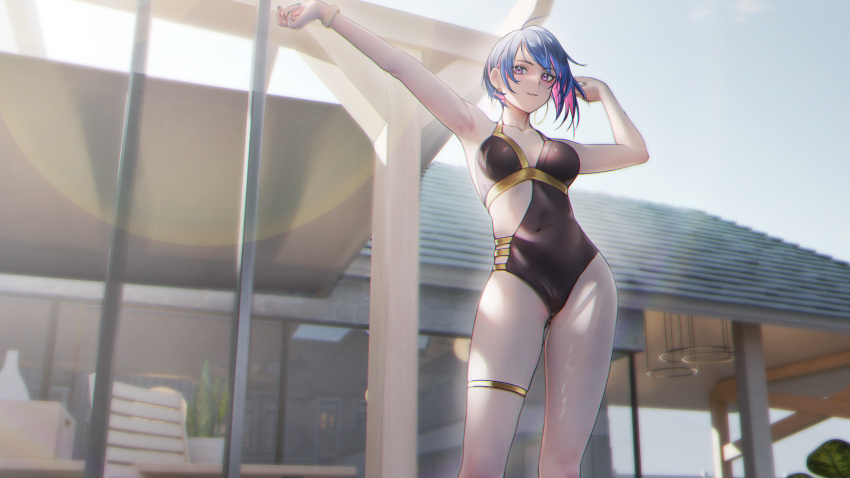 1girl absurdres armpits arms_up black_swimsuit blue_hair bob_cut bracelet breasts collarbone covered_navel earrings feet_out_of_frame halterneck highres hoop_earrings inverted_bob jewelry long_legs looking_at_viewer medium_breasts multicolored_hair nail_polish nanaken_nana one-piece_swimsuit original outdoors parted_lips pink_eyes pink_hair short_hair solo standing swimsuit thigh_strap thighs two-tone_hair