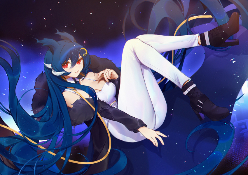 1girl absurdres anntan blue_hair breasts cloud9 coat commentary dragon_girl dragon_horns english_commentary full_body hair_between_eyes high_heels highres horns large_breasts long_hair long_sleeves looking_at_viewer pants red_eyes second-party_source solo very_long_hair vienna_(vtuber)
